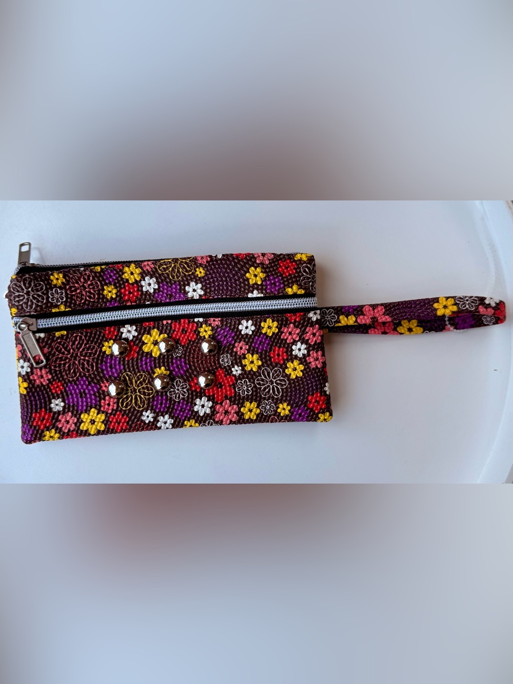 Boho Chic Floral Embossed Brown Multi-Color Zipper Wallet